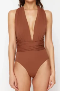 TRENDYOLMİLLA Brown Drapeli Deep V-neck Covered hipster Swimsuit - Image 3