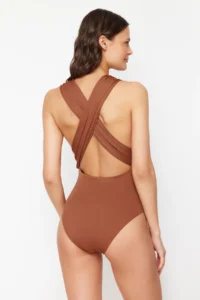 TRENDYOLMİLLA Brown Drapeli Deep V-neck Covered hipster Swimsuit - Image 4