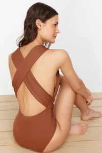 TRENDYOLMİLLA Brown Drapeli Deep V-neck Covered hipster Swimsuit - Image 5