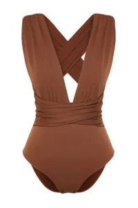 TRENDYOLMİLLA Brown Drapeli Deep V-neck Covered hipster Swimsuit - Image 6