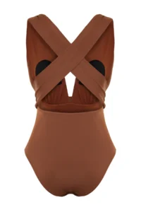 TRENDYOLMİLLA Brown Drapeli Deep V-neck Covered hipster Swimsuit - Image 8