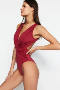 TRENDYOLMİLLA Burgundy Drapeli Deep V-neck Covered Regular Swimsuit - Image 2