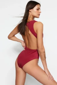 TRENDYOLMİLLA Burgundy Drapeli Deep V-neck Covered Regular Swimsuit - Image 3