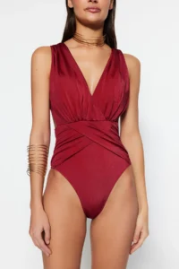 TRENDYOLMİLLA Burgundy Drapeli Deep V-neck Covered Regular Swimsuit - Image 4