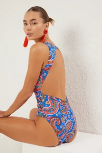 TRENDYOLMİLLA Shawl pattern Drapeli Deep V-neck Covered Regular Swimsuit - Image 2