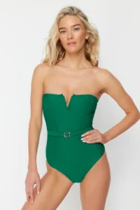 TRENDYOLMİLLA Emerald Green Arched Strapless Covered hipster Swimsuit - Image 3
