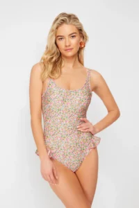 TRENDYOLMİLLA Floral Patterned Frilly U-Neck Covered Regular Swimsuit