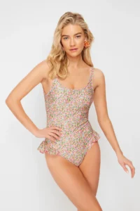 TRENDYOLMİLLA Floral Patterned Frilly U-Neck Covered Regular Swimsuit - Image 2