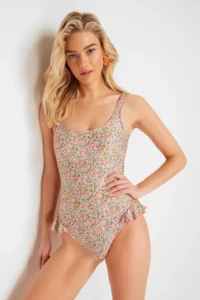 TRENDYOLMİLLA Floral Patterned Frilly U-Neck Covered Regular Swimsuit - Image 3