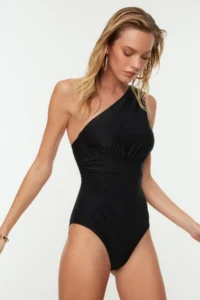 TRENDYOLMİLLA Black Drapeli One Shoulder Covered Regular Swimsuit - Image 2