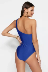 TRENDYOLMİLLA Saks Blue Drapeli One Shoulder Covered Regular Swimsuit - Image 5