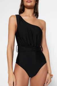TRENDYOLMİLLA Black Drapeli One Shoulder Covered Regular Swimsuit - Image 5