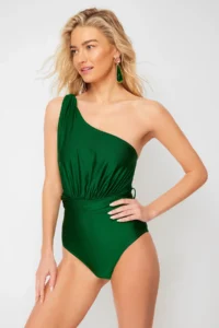 TRENDYOLMİLLA Emerald Green Draped One Shoulder Covered Regular Swimsuit