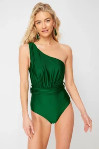 TRENDYOLMİLLA Emerald Green Draped One Shoulder Covered Regular Swimsuit - Image 2