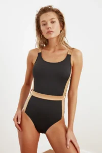 TRENDYOLMİLLA Black Color Bloklu U-Neck Covered hipster Swimsuit - Image 3