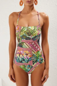 TRENDYOLMİLLA Tropical Patterned Low-cut back Square Neck Covered hipster Swimsuit - Image 3