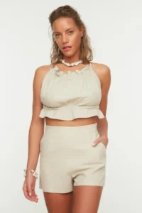 TRENDYOLMiLLA beachwear Beige Weaving Pocket Detail Super High Waist Mini Shorts & Bermuda - Image 2