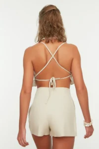 TRENDYOLMiLLA beachwear Beige Weaving Pocket Detail Super High Waist Mini Shorts & Bermuda - Image 4