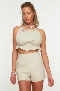 TRENDYOLMiLLA beachwear Beige Weaving Pocket Detail Super High Waist Mini Shorts & Bermuda - Image 5