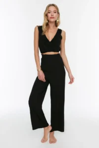 TRENDYOLMİLLA Black Weaving Frilly Blouse Pants Beach Set