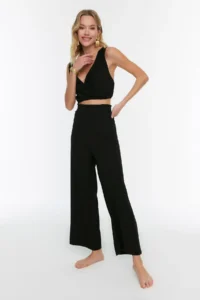 TRENDYOLMİLLA Black Weaving Frilly Blouse Pants Beach Set - Image 2