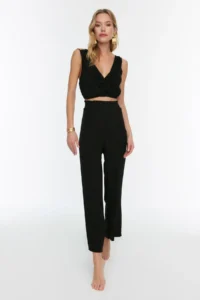 TRENDYOLMİLLA Black Weaving Frilly Blouse Pants Beach Set - Image 5