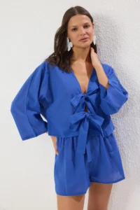 TRENDYOLMiLLA beachwear 100% Cotton Saks Blue Weaving Binding Detailed Shirt Shorts Set