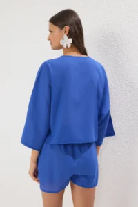 TRENDYOLMiLLA beachwear 100% Cotton Saks Blue Weaving Binding Detailed Shirt Shorts Set - Image 4