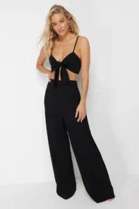 TRENDYOLMİLLA Black Weaving Binding Detailed Beach High Waist Blouse-Pants Set - Image 2