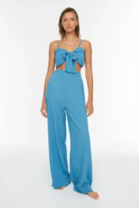 TRENDYOLMİLLA beachwear Blue Weaving Binding Detailed High Waist Blouse-Pants Set