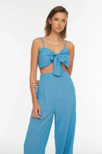 TRENDYOLMİLLA beachwear Blue Weaving Binding Detailed High Waist Blouse-Pants Set - Image 3
