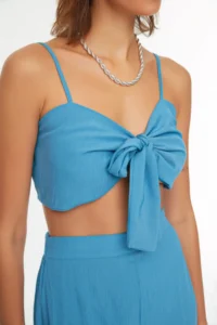 TRENDYOLMİLLA beachwear Blue Weaving Binding Detailed High Waist Blouse-Pants Set - Image 4