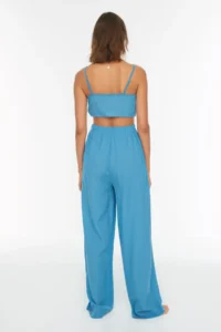 TRENDYOLMİLLA beachwear Blue Weaving Binding Detailed High Waist Blouse-Pants Set - Image 5