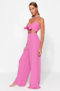 TRENDYOLMİLLA beachwear Pink Weaving Binding Detailed High Waist Blouse-Pants Set - Image 2