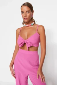 TRENDYOLMİLLA beachwear Pink Weaving Binding Detailed High Waist Blouse-Pants Set - Image 3