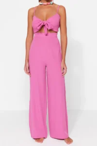 TRENDYOLMİLLA beachwear Pink Weaving Binding Detailed High Waist Blouse-Pants Set - Image 4