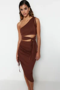 TRENDYOLMİLLA beachwear Brown Knitting Shirred One Shoulder Blouse-Skirt Set - Image 2