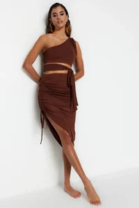 TRENDYOLMİLLA beachwear Brown Knitting Shirred One Shoulder Blouse-Skirt Set - Image 3