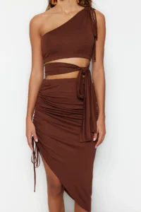 TRENDYOLMİLLA beachwear Brown Knitting Shirred One Shoulder Blouse-Skirt Set - Image 4
