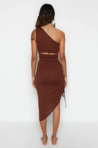 TRENDYOLMİLLA beachwear Brown Knitting Shirred One Shoulder Blouse-Skirt Set - Image 5