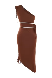 TRENDYOLMİLLA beachwear Brown Knitting Shirred One Shoulder Blouse-Skirt Set - Image 6