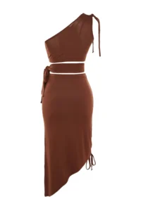 TRENDYOLMİLLA beachwear Brown Knitting Shirred One Shoulder Blouse-Skirt Set - Image 8