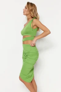 TRENDYOLMİLLA beachwear Green Knitting Shirred One Shoulder Blouse-Skirt Set - Image 3