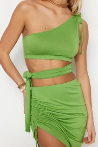 TRENDYOLMİLLA beachwear Green Knitting Shirred One Shoulder Blouse-Skirt Set - Image 4