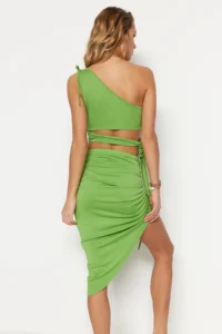 TRENDYOLMİLLA beachwear Green Knitting Shirred One Shoulder Blouse-Skirt Set - Image 5
