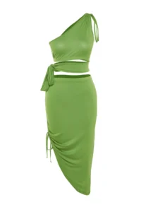 TRENDYOLMİLLA beachwear Green Knitting Shirred One Shoulder Blouse-Skirt Set - Image 6