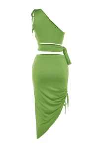 TRENDYOLMİLLA beachwear Green Knitting Shirred One Shoulder Blouse-Skirt Set - Image 8