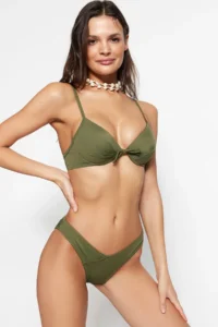 TRENDYOLMİLLA Khaki V Cut Regular Low Waist Basic Bikini Bottom - Image 2