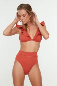 TRENDYOLMİLLA Cinnamon striped Regular Super High Waist Bikini Bottom - Image 2