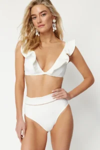 TRENDYOLMİLLA Ecru striped Regular Super High Waist Bikini Bottom - Image 2